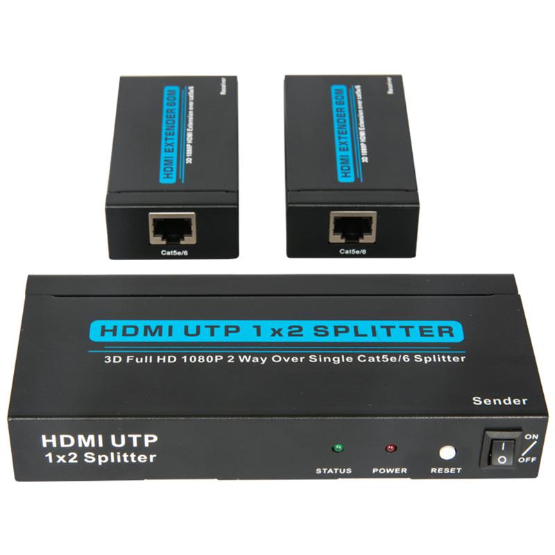 2 poorten UTP HDMI 1x2 splitter over Single Cat5e \/ 6 met 2 ontvangers tot 60m