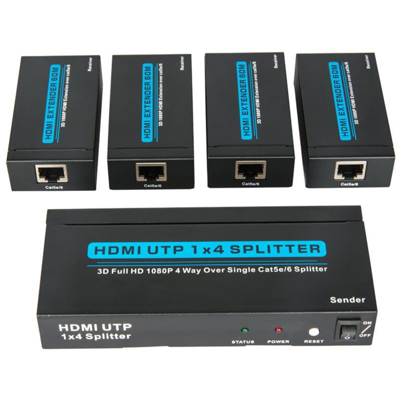 4 poorten HDMI UTP 1x4 splitter over Single Cat5e \/ 6 met 4 ontvangers tot 60m