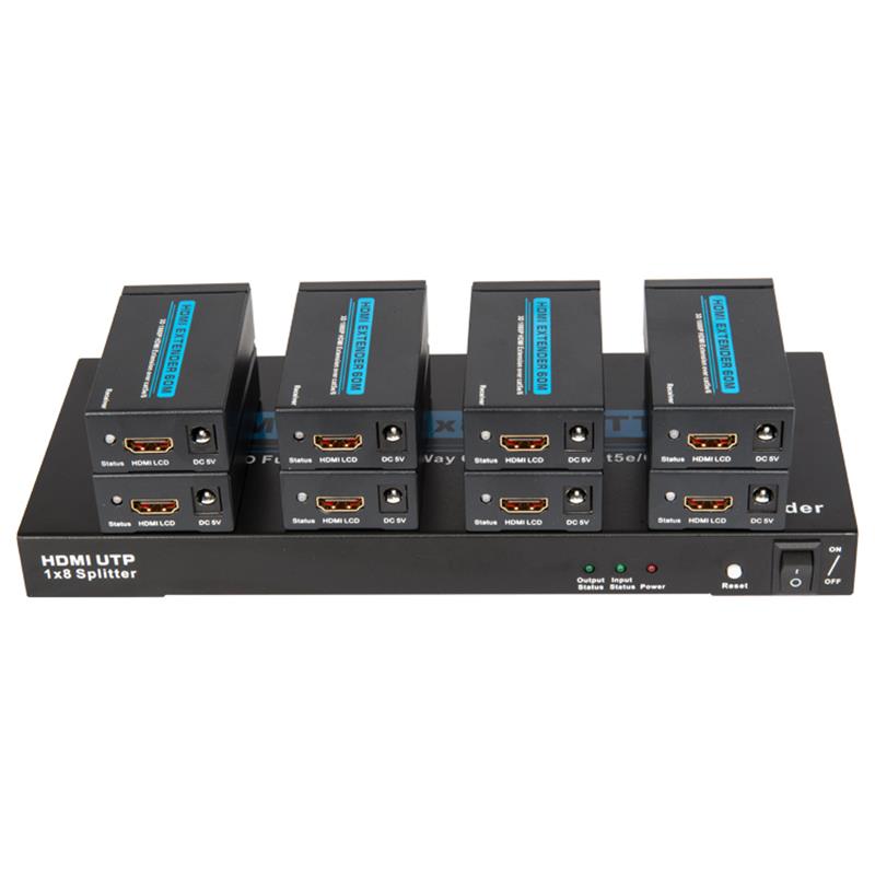 8 poorten HDMI UTP 1x8 splitter over Single Cat5e \/ 6 met 8 ontvangers tot 60m
